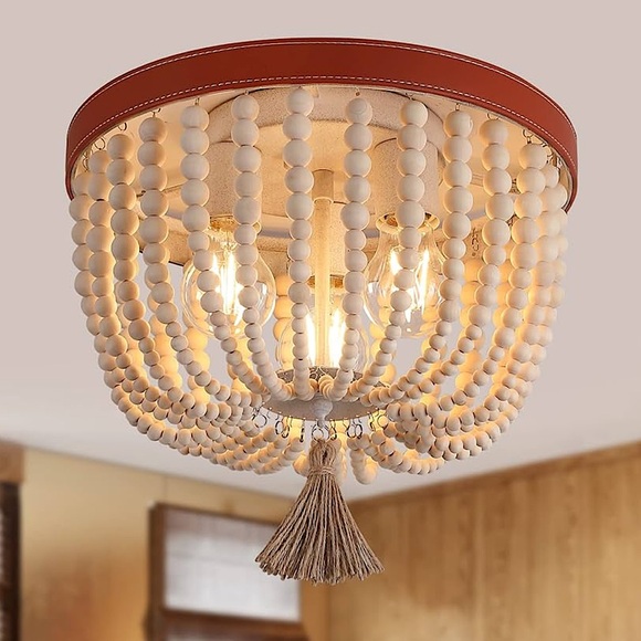 amzasa Other - 3 NEW Boho Wood Beaded Flush Mount Ceiling Lights Chandelier Fixture